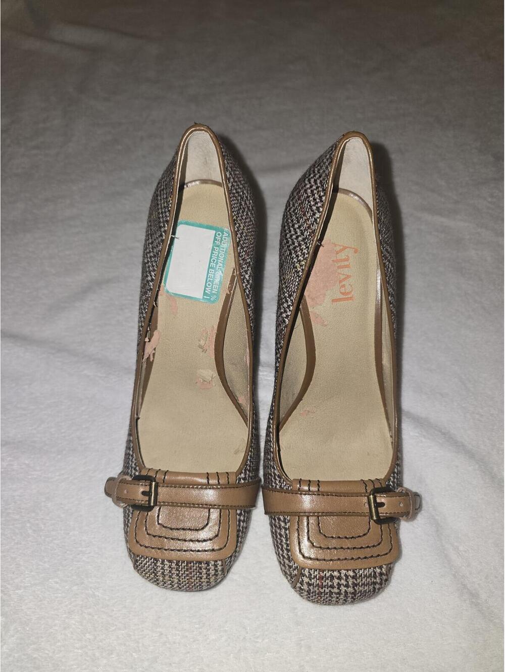 Levity Women's Brown Plaid Block Heel Pumps with Buckle Detail